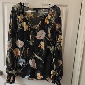 White House Black Market Black Sheer Floral Tie-Neck Blouse